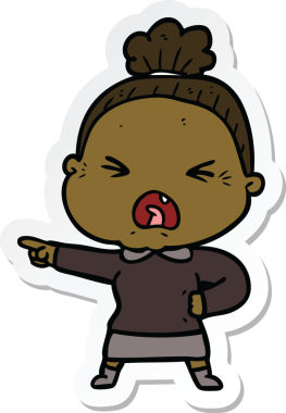 Bir insan tarafından çizilmiş kızgın yaşlı bir kadının çıkartması.