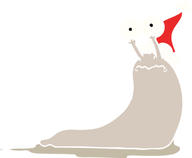 Bir insan tarafından çizilmiş Noel Baba şapkası giyen bir sümüklüböceğin düz renk çizimi