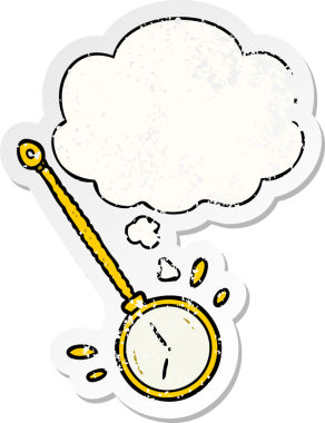 Düşünce baloncuklu çizgi film altın saati bir insan tarafından çizilmiş yıpranmış bir çıkartma gibi