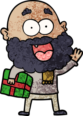 Bir insan tarafından çizilmiş sakallı ve hediyeli çılgın bir çizgi film.