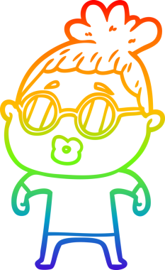 Bir insan tarafından çizilmiş gözlük takan bir karikatür kadının çizimi.