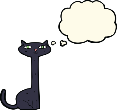 Bir insan tarafından çizilmiş düşünce baloncuklu kara kedi.