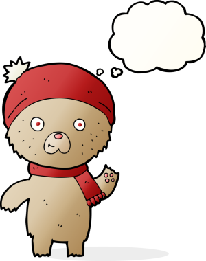 Bir insan tarafından çizilmiş düşünce balonlu oyuncak ayıyı sallayan çizgi film.