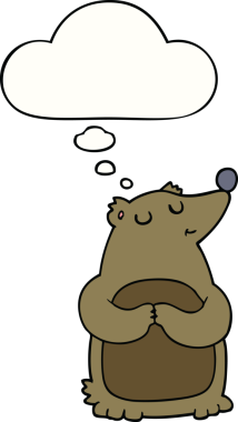 Bir insan tarafından çizilmiş düşünce baloncuklu çizgi film ayısı.