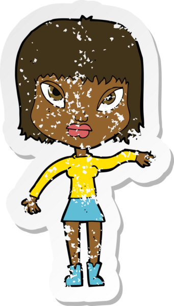 Bir insan tarafından çizilen jest yapan karikatürlü bir kadının gerilimli retro yapıştırması.