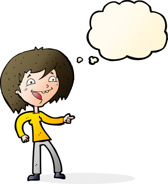 Bir insan tarafından çizilmiş düşünce balonuyla gülen ve işaret eden çizgi film kadını.