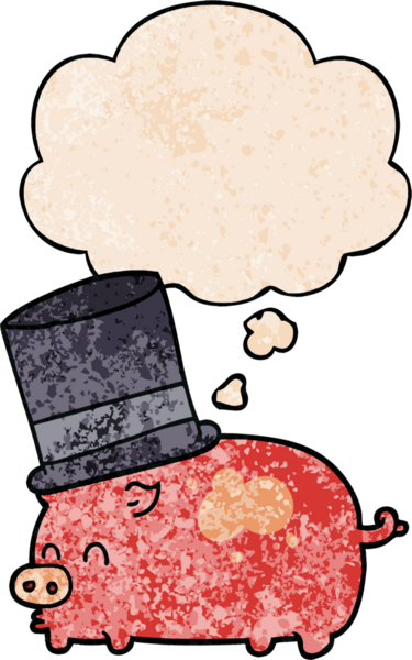 Düşünce baloncuklu silindir şapkalı bir domuz insan tarafından çizilmiş grunge desenli.