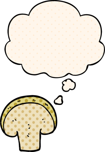 Çizgi roman tarzında bir insan tarafından çizilmiş düşünce baloncuklu mantar dilimi.
