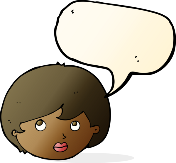 Bir insan tarafından çizilmiş bir konuşma baloncuğuyla yukarı bakan kadın yüzü.