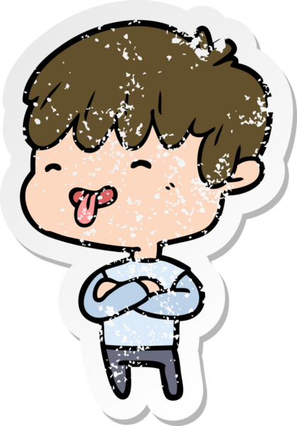 Bir insan tarafından çizilmiş dili çıkmış bir çizgi film çocuğunun sıkıntılı çıkartması.