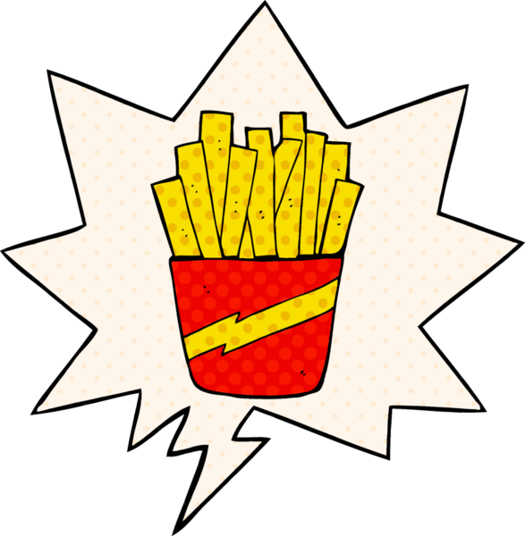 Bir insan tarafından çizilmiş çizgi roman tarzında konuşma balonlu patates kızartması.