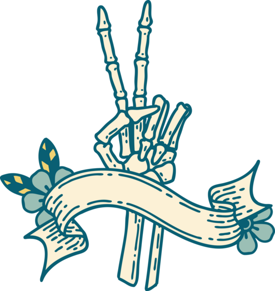 İskelet dövmeli geleneksel dövme. Bir insan tarafından çizilmiş barış işareti.