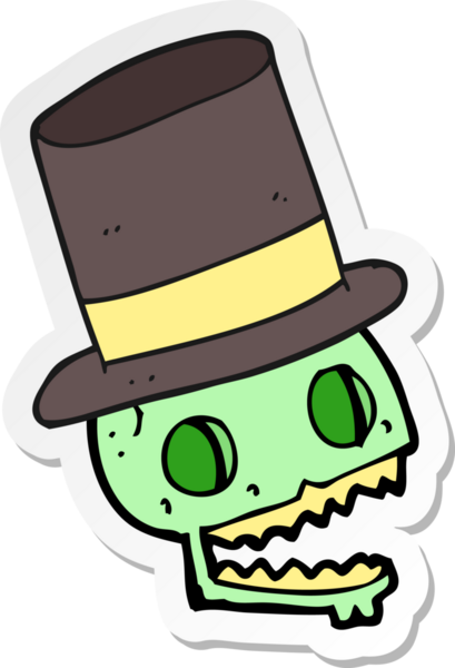 Bir insan tarafından çizilmiş silindir şapkalı gülen kafatası çıkartması.