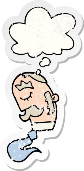 Düşünce baloncuğu olan bıyıklı çizgi film adamı insan tarafından çizilmiş yıpranmış bir çıkartma gibi.