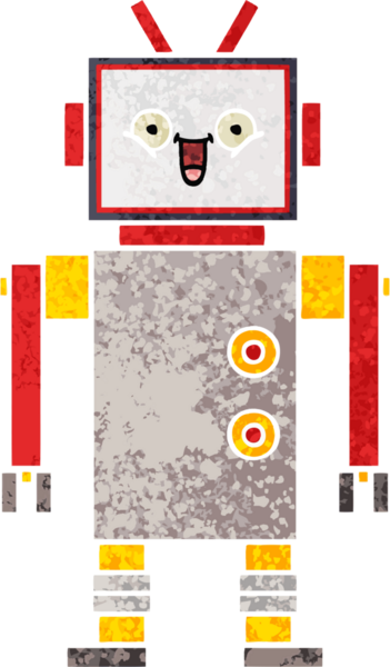 Bir insan tarafından çizilmiş mutlu bir robotun retro çizim tarzı karikatürü