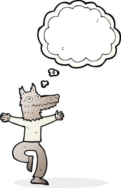 Bir insan tarafından çizilmiş düşünce balonlu bir kurt adam.