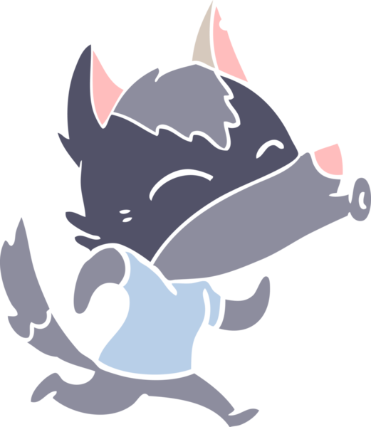 Uluyan düz renkli karikatür kurt bir insan tarafından çizilmiş giysiler giyiyor.