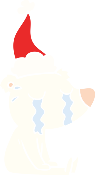 Bir insan tarafından çizilmiş Noel Baba şapkası giymiş ağlayan bir kutup ayısının el resmi.