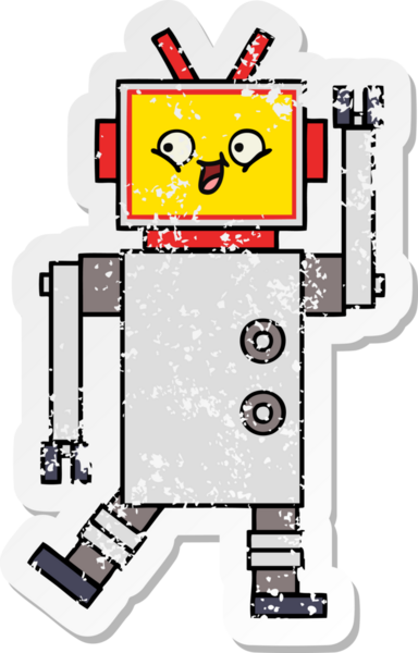 Bir insan tarafından çizilmiş sevimli bir robot çizgi film çıkartması.