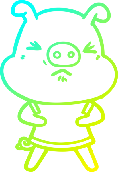 Bir insan tarafından çizilmiş bir tişört giymiş kızgın bir domuzun soğuk çizgi çizimi.