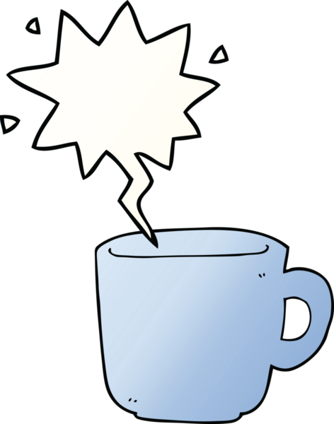 Bir insan tarafından çizilmiş yumuşak eğimli konuşma baloncuklu çizgi film kahve fincanı.