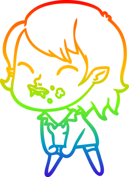 Gökkuşağı gradyan çizgisi. Bir insan tarafından çizilmiş yanağında kan olan vampir bir kız çizgi filmi.