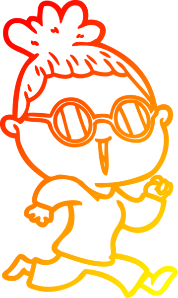 Bir insan tarafından çizilmiş gözlüklü, çizgi film koşucusu bir kadının sıcak çizgi çizimi.