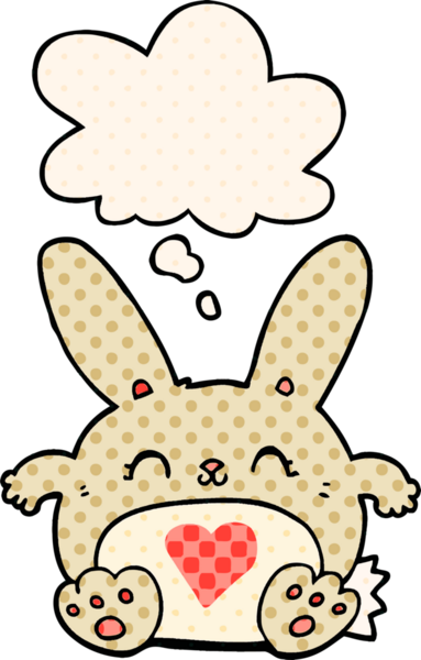 Sevgi dolu, çizgi film karakteri bir insan tarafından çizilmiş, düşünce baloncuklu sevimli tavşan.