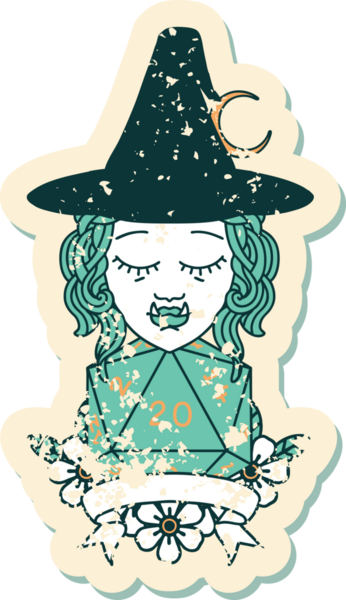 Retro Dövme Biçimi Bir insan tarafından çizilmiş doğal 20 zarlı yarı ork cadı karakteri