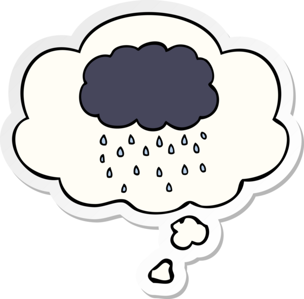 Düşünce baloncuklarıyla yağmur yağıyor. Bir insan tarafından çizilmiş bir çıkartma gibi.