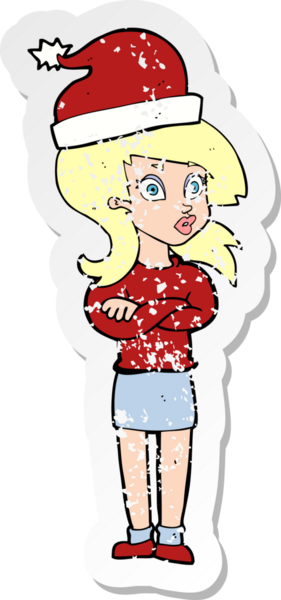 Bir insan tarafından çizilmiş Noel 'e hazır bir karikatür kadının gerilmiş çıkartması.