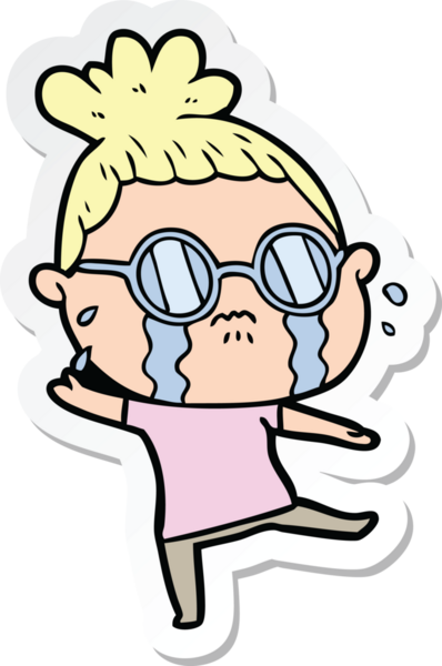 Bir insan tarafından çizilmiş gözlüklü, ağlayan bir kadının çıkartması.