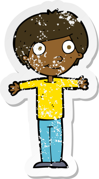 Bir insan tarafından çekilen kolları açık, çizgi film kahramanı mutlu bir çocuğun gerilmiş çıkartması.