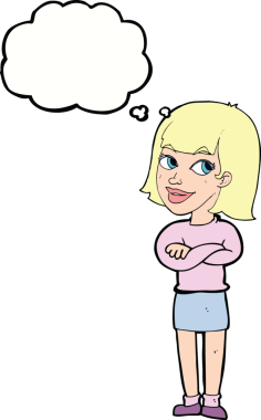 Bir insan tarafından çizilmiş düşünce baloncuğuyla bakan mutlu bir karikatür.