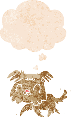 Düşünce baloncuğu ile çizgi film köpeğinin grunge sıkıntılı retro tarzı bir insan tarafından çizilmiş