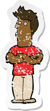 Bir insan tarafından çekilen kolları katlanmış bir çizgi film karakterinin gerilimli çıkartması.