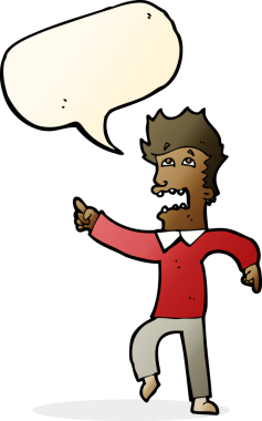 Bir insan tarafından çizilen konuşma baloncuğuyla işaret eden korkmuş bir çizgi film.