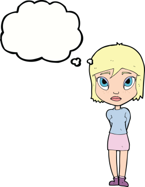 Bir insan tarafından çizilmiş düşünce balonu olan utangaç bir kız.