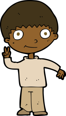 Bir insan tarafından çizilmiş barış işareti veren çizgi film çocuğu.