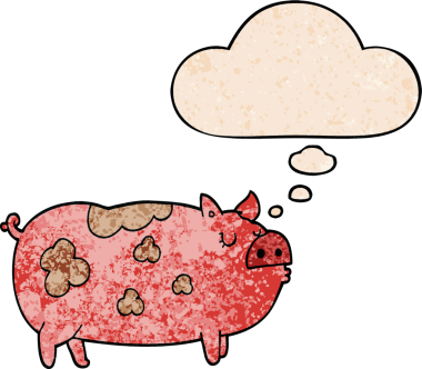 Bir insan tarafından çizilmiş grunge desenli düşünce baloncuklu çizgi film domuzu.