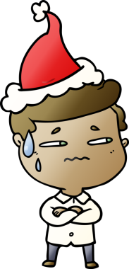 Bir insan tarafından çizilmiş Noel Baba şapkası giymiş endişeli bir adamın el çizimi karikatürü.