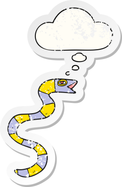 Düşünce baloncuğu olan çizgi film yılanı, insan tarafından çizilmiş, yıpranmış bir çıkartma gibi.