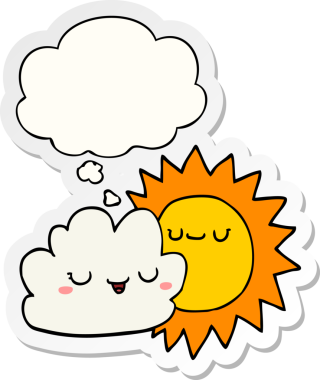 Düşünce baloncuklu karikatür güneş ve bulut insan tarafından çizilmiş bir çıkartma.