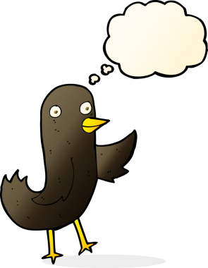 Bir insan tarafından çizilmiş düşünce baloncuklu komik çizgi film kuşu.