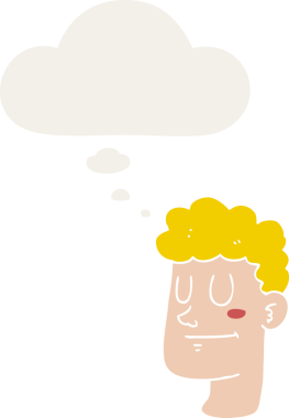 Düşünce baloncuğu olan erkek yüzü bir insan tarafından çizilmiş.