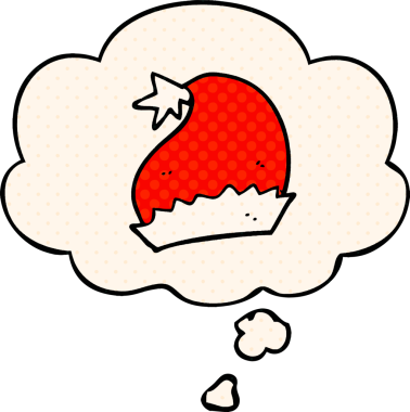 Çizgi roman tarzında bir insan tarafından çizilmiş düşünce baloncuklu çizgi film Noel Baba şapkası.