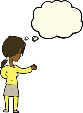 Bir insan tarafından çizilmiş düşünce balonuyla hareket eden karikatür kadın.