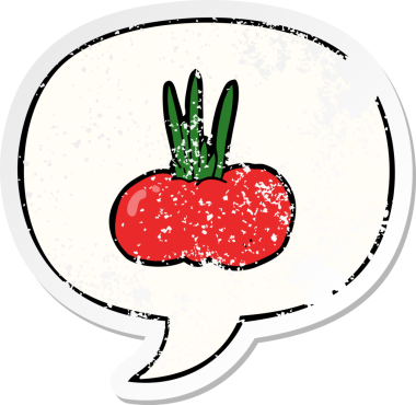 Konuşma baloncuğu olan karikatür sebzesi bir insan tarafından çizilmiş sıkıntılı eski bir çıkartma