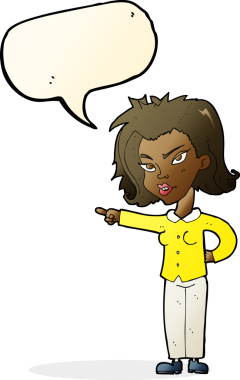 Bir insan tarafından çizilmiş bir konuşma balonuyla işaret eden çizgi film kadını.