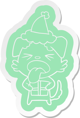 Noel hediyesi olan bir köpeğin insan tarafından çizilmiş Noel Baba şapkası giymesi.